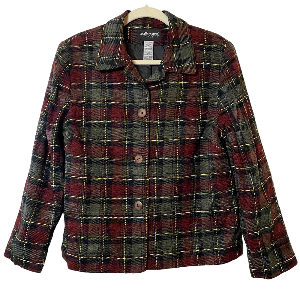 Vintage Sag Harbor Womens Burgundy‎ Plaid Retro 90s Y2K Blazer Jacket Size 14P